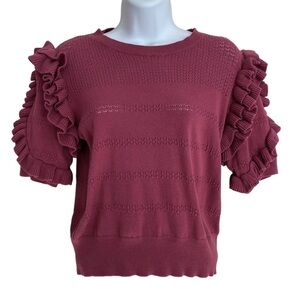 Calligraphie Raspberry Short Sleeve Top Size Medium Ruffled Puff Cropped Sweater